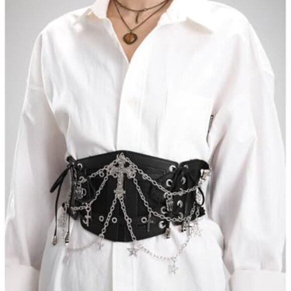 Faux Leather Corset Belt with Chain Cross Lace Up Elastic Waist main image 4